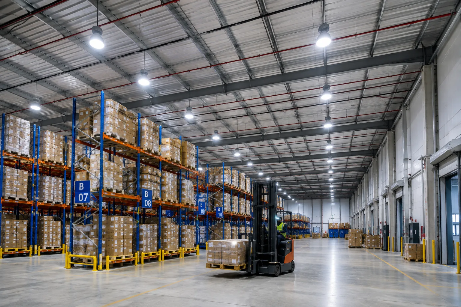 Smart LED industrial lighting in warehouse